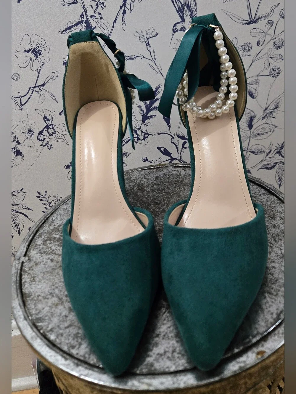 Emerald Green Women’s Pointed Toe Ankle Tie Heels with Pearl Accent